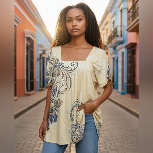 2 for $20! Yellow Tunic with a Beautiful Scroll Design and Blue Jewels On It